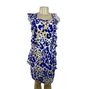 Julie Brown NYC Leopard Print Ruffle Sleeveless Shift Dress Beige & Blue Size 6